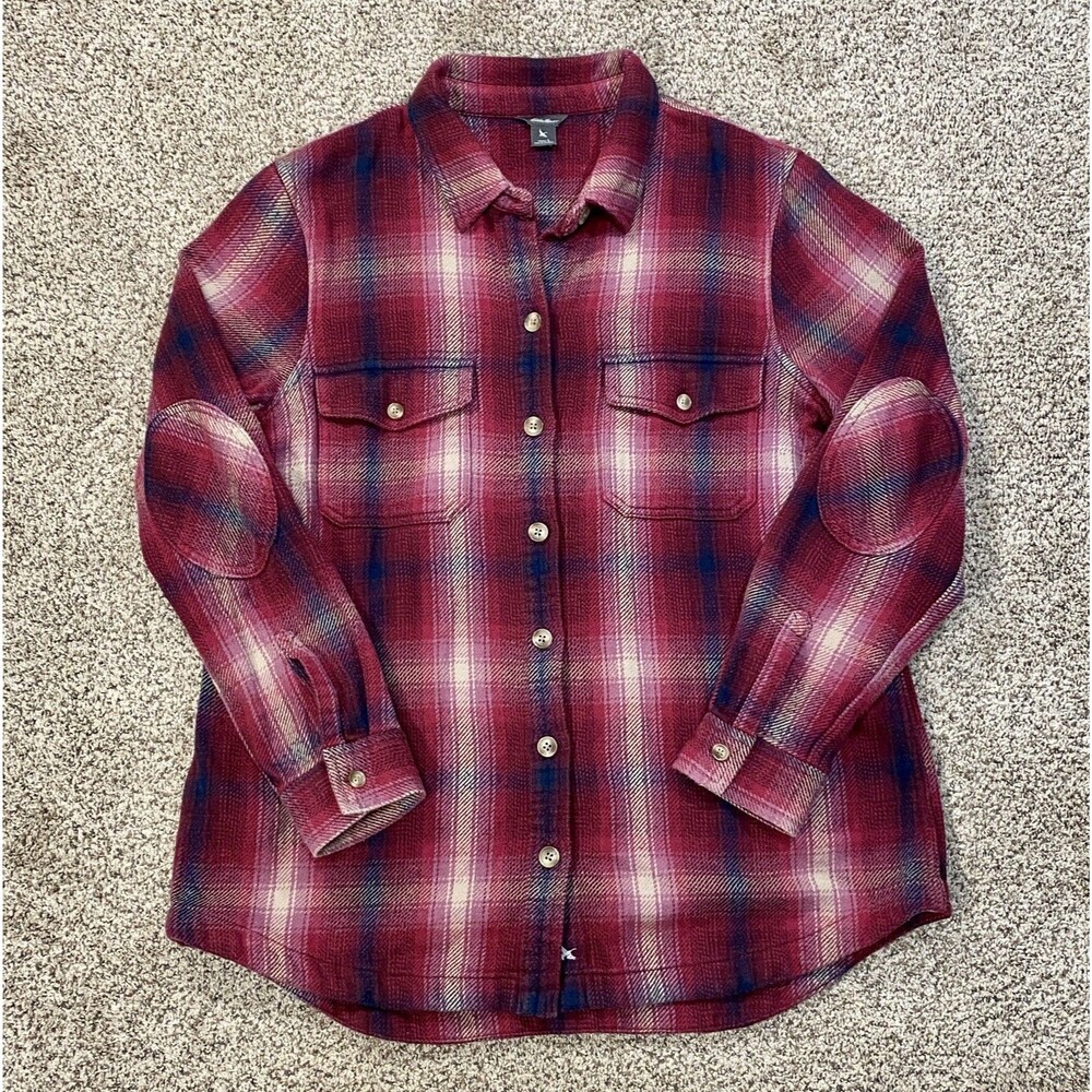 Eddie Bauer Women's Large Fremont Flannel Raglan Tunic Plaid Outdoors Button Up
